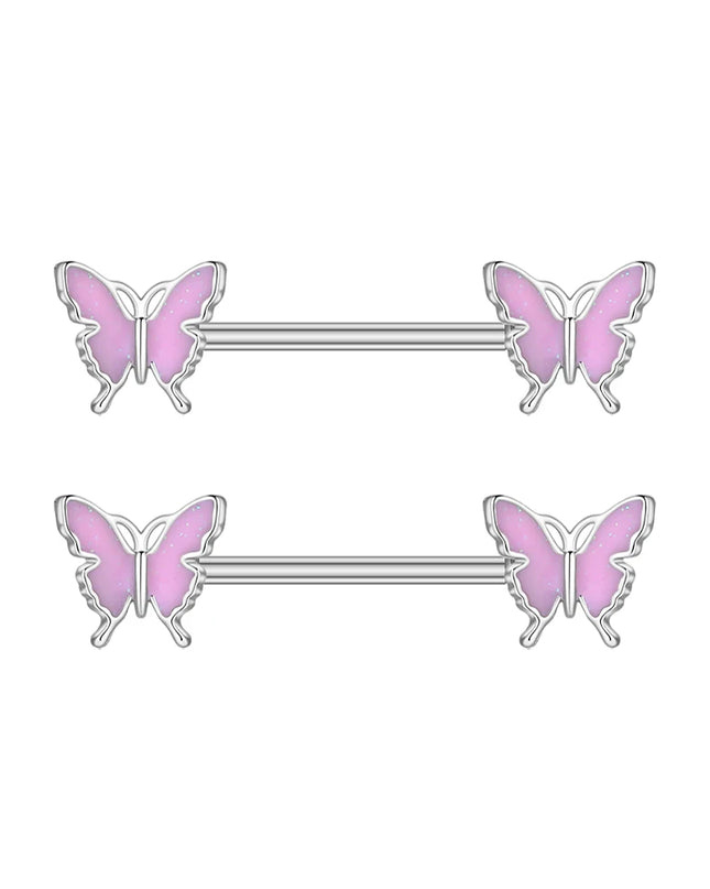 2pcs Lettering Sexy Nipple Piercing Jewelry Buttefly Cat Flower Dangled Stainless Steel Nipple Rings for Women Girls 1.6*16mm