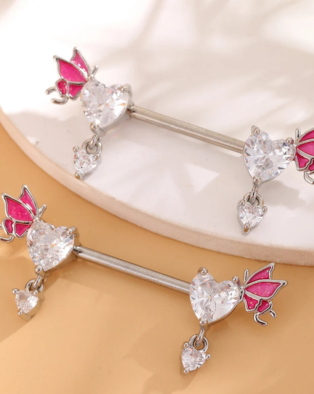 2pcs Cute Bear Butterfly Dangle Nipple Piercings Stainless Steel Cross Star Hanging Nipple Shield Barbell for Women Nipple Rings