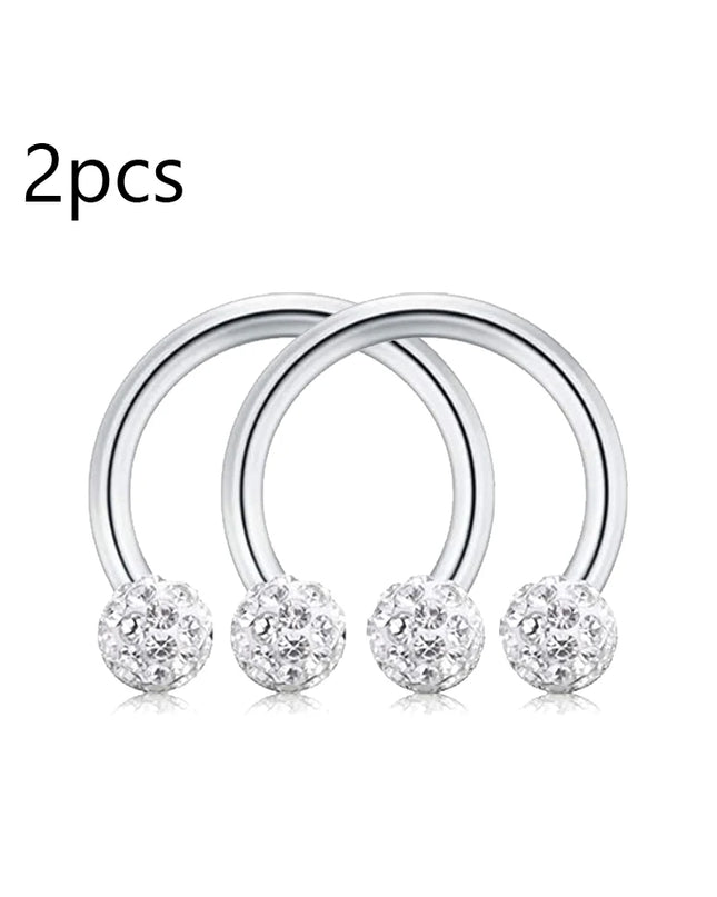 WKOUD 2pcs Crystal & Ball Nose Septum Horseshoe Earring Eyebrow Lip Helix Tragus Cartilage Piercing Ring 8mm