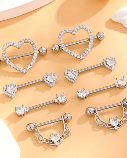 1 Pair/4 Pairs Stainless Steel Shield Bar Barbell Nipple Piercing Jewelry for Women Sexy Heart CZ Crystal Barbell Nipple Rings