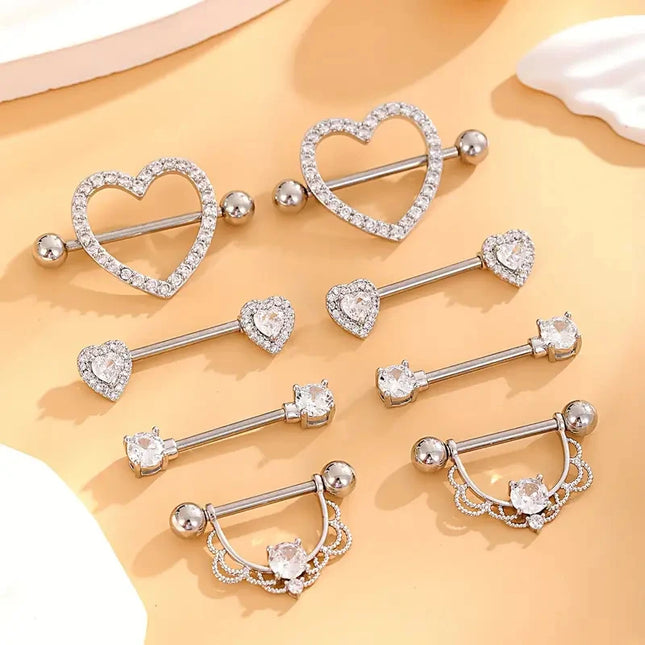 1 Pair/4 Pairs Stainless Steel Shield Bar Barbell Nipple Piercing Jewelry for Women Sexy Heart CZ Crystal Barbell Nipple Rings
