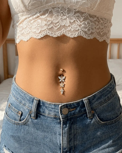 Unique Zircon Butterfly Belly Button Ring Long Chain Elegant Body Piercing Jewelry Curved Barbell Stainless Steel
