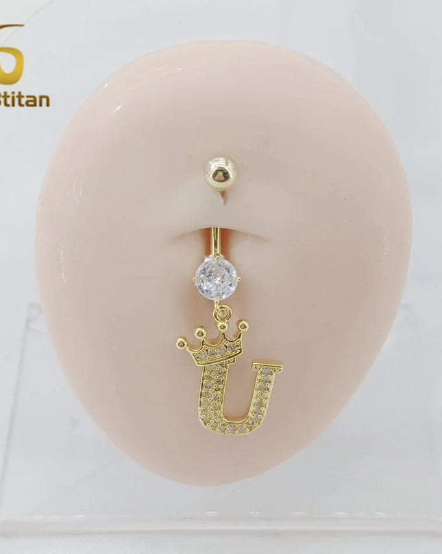A-Z 26 Letter Initial Belly Button Rings 14G Titanium Curved Barbell Golden Zircon Navel Piercing Body Jewelry Women Accessories