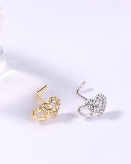 Fashion L Shaped Nose Studs Rings Cute Shiny Double Heart Nose Ring For Women Girls Body Piercing Jewelry Versatile Nose Ring