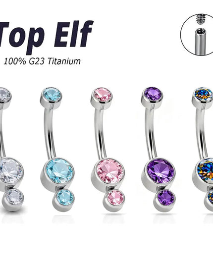 G23 Titanium 14G Curved Belly Button Ring with 3 Round Zircon Navel Barbell Stud for Women Hypoallergenic Body Piercing Jewelry