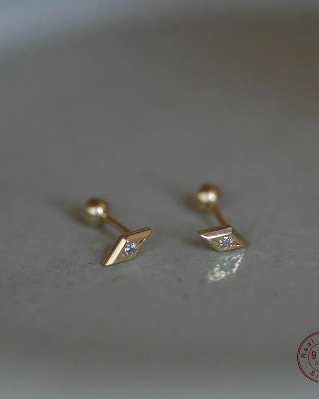 925 Sterling Silver Geometric Zircon Stud Earrings, Gold Plated Minimalist Diamond-Shaped Ear Piercing Jewelry for Women