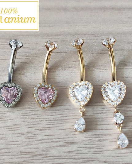 F136 Titanium Zircon Heart Dangle Belly Button Rings 14G CZ Paved Top Threaded Curved Barbell Women Sexy Navel Piercing Jewelry