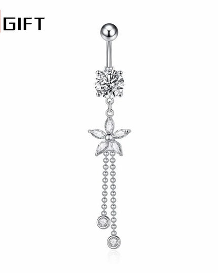 14G Belly Button Piercing Rings for Elegant Women Surgical Titanium Stainless Steel CZ Flower Long Chain Dangle Navel Jewelry