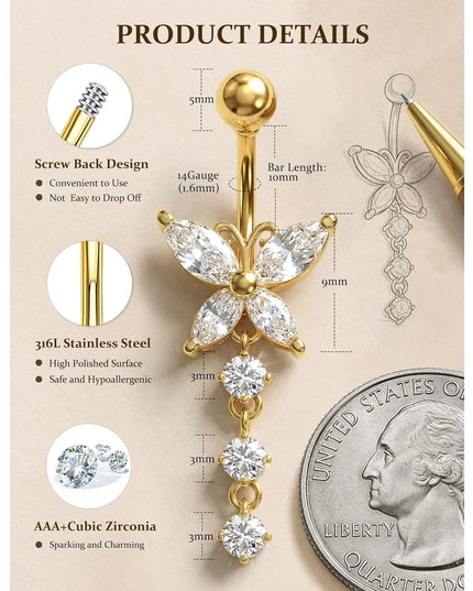 Florideco Belly Button Ring Dangle Hypoallergenic Surgical Stainless Steel Belly Rings for Women CZ Pearl Heart Butterfly Flower