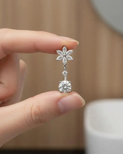 1 Pcs Stainless Steel Belly Button Rings With Shiny Butterfly Flower Dangle For Daily Wear Beach Party Piercing Jewelry Gift