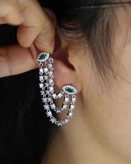 Double Piercing CZ Tassel Chain Earring For Women Fashion Green Evil Eye Two Stud Elegant Female Jewelry