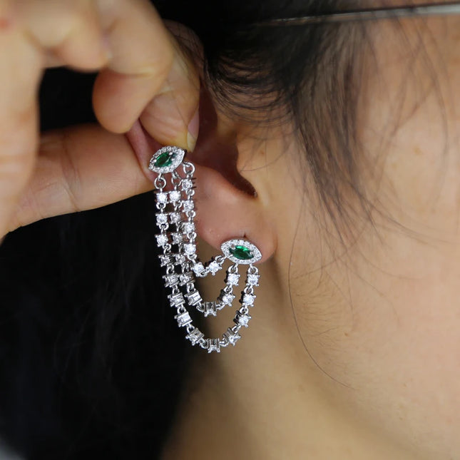 Double Piercing CZ Tassel Chain Earring For Women Fashion Green Evil Eye Two Stud Elegant Female Jewelry