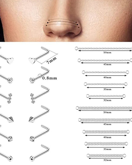 Nose Rings Chain Piercing Across Double with Chain Studs with Chain 20G Piercing Stud Nostril Jewelry for Women Men