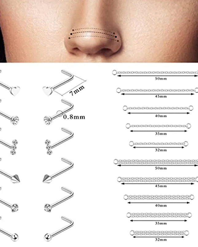 Nose Rings Chain Piercing Across Double with Chain Studs with Chain 20G Piercing Stud Nostril Jewelry for Women Men