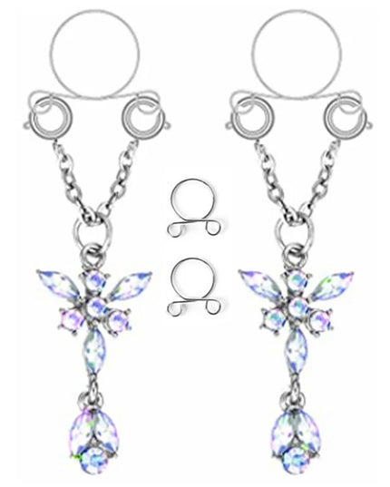 1 Pair New Fake Nipple Ring Sexy Tassel Crystal Butterfly Pendant For Women Girls Adjustable Faux Nipple Piercing Body Jewelry