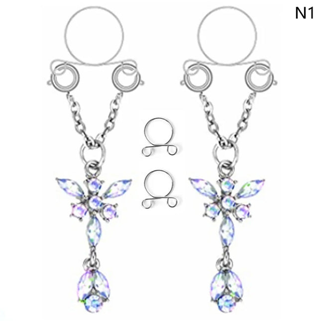 1 Pair New Fake Nipple Ring Sexy Tassel Crystal Butterfly Pendant For Women Girls Adjustable Faux Nipple Piercing Body Jewelry