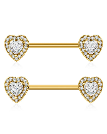 2PCS Both Sides Screwed Heart Nipple Piercings 5 Crystal CZs Nipple Ring Nipple Shield Barbell for Women Body Piercing Nombril
