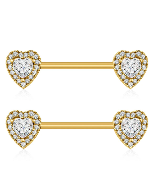 2PCS Both Sides Screwed Heart Nipple Piercings 5 Crystal CZs Nipple Ring Nipple Shield Barbell for Women Body Piercing Nombril
