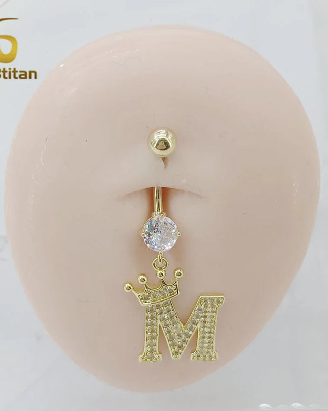A-Z 26 Letter Initial Belly Button Rings 14G Titanium Curved Barbell Golden Zircon Navel Piercing Body Jewelry Women Accessories