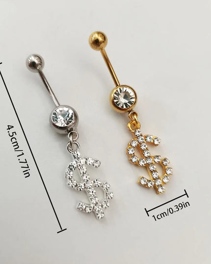 Hip Hop Dollar Belly Button Nail Rings Stainless Steel Anti Allergy Punk Rhinestone Dangle Belly Piercing Jewelry For Women Gift