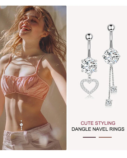 Dangle Belly Button Rings, 14G 316L Stainless Surgical Steel Cubic Zirconia Butterfly Heart Navel Ring Piercing Jewelry Barbells