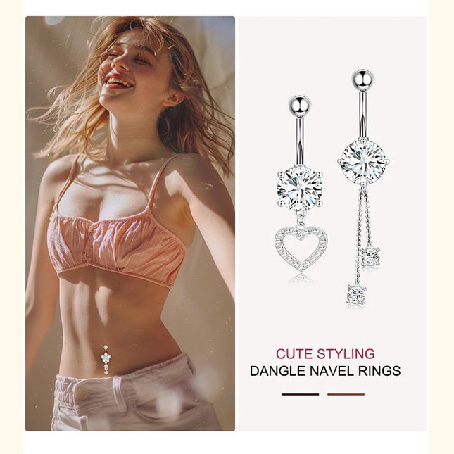 Dangle Belly Button Rings, 14G 316L Stainless Surgical Steel Cubic Zirconia Butterfly Heart Navel Ring Piercing Jewelry Barbells