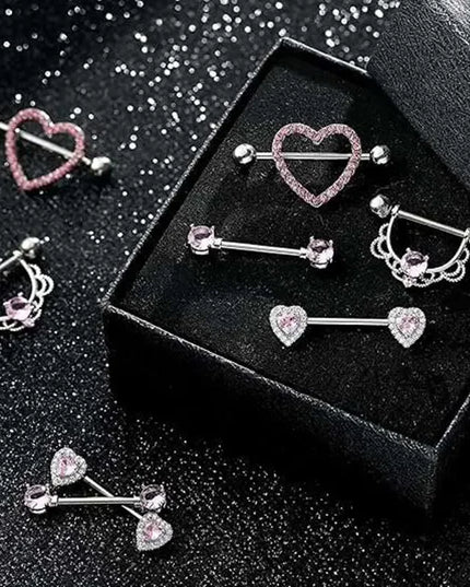 Pink Heart Nipple Piercing Barbell Set Shiny Crystal Nipple Rings Bulk For Women Flower Nippel Jewelry Pack Piercing Teton Lots