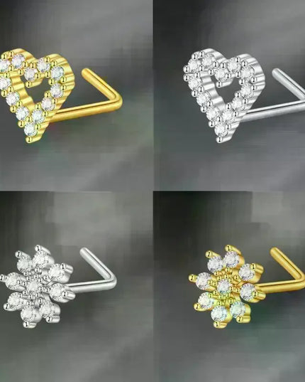 L Shaped Nose Studs Rings Cute Heart Moon Shiny Zircon Gold Silver Color Nose Piercing For Women Girl Nostril Jewelry