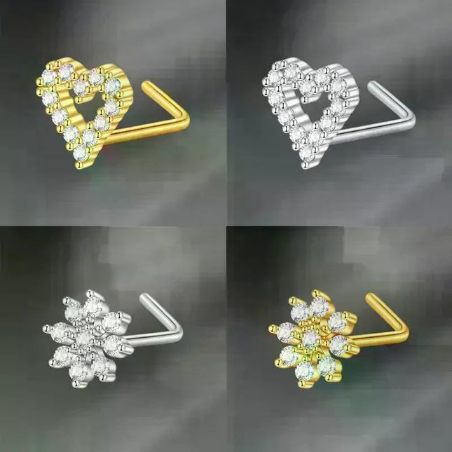 L Shaped Nose Studs Rings Cute Heart Moon Shiny Zircon Gold Silver Color Nose Piercing For Women Girl Nostril Jewelry