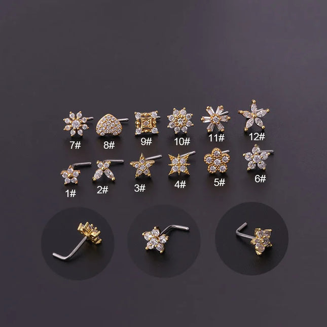 Gold/Silver Nose Rings Studs for Women, 20G Surgical Steel Hypoallergenic Nose Ring L Shaped Hypoallergenic CZ Piercing Jewelry
