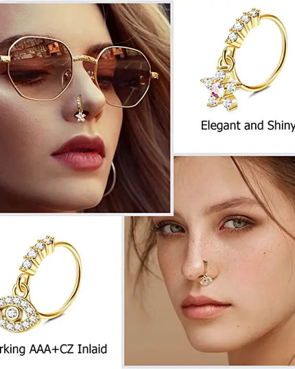 Nose Rings Hoop for Women Men Body Piercing Jewelry Cartilage Earring Nose Dangling CZ Cross Crown Starfish Dangle Nose Ring