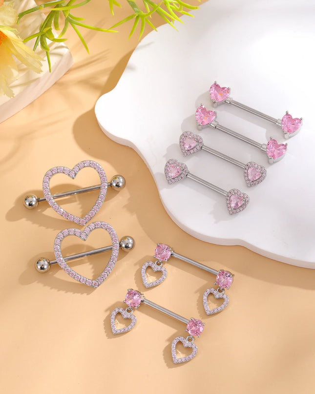 A Pair Cute Heart Dangled Nipple Piercings Barbell for Women Pink Color Moon Butterfly Shaped Sexy Nipple Rings Shield Bar Sets