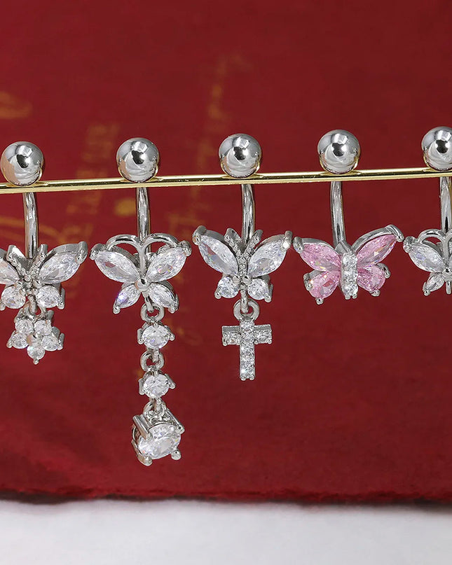316L Stainless Steel Belly Button Ring Set Gold Color Butterfly Flower Heart Dangle Navel Piercing Jewelry for Women Fashion Bel