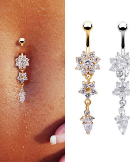 Fashion Zircon Heart Belly Button Piercing for Women Stainless Steel Long Flower Pendant Navel Rings Piercing Ombligo Jewelry