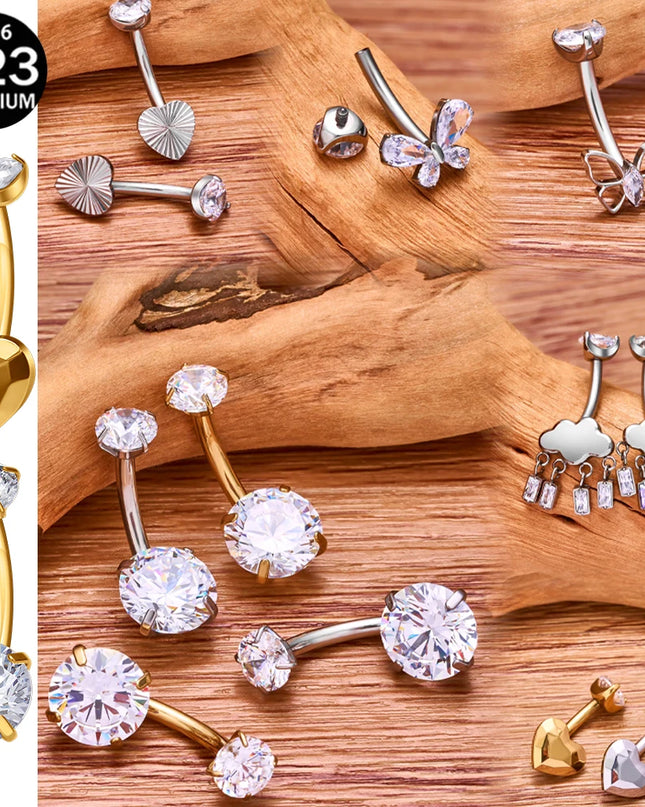 F136 G23 Titanium Belly Button Rings Hypoallergenic Internal Thread Butterfly Cloud Heart with Crystals Body Piercing Jewelry