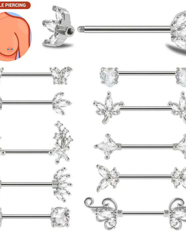1pair Nipple Piercing Stainless Steel Nipple Rings CZ Butterfly Heart Nipple Barbell For Women Girls 16G Body Piercing Jewelry