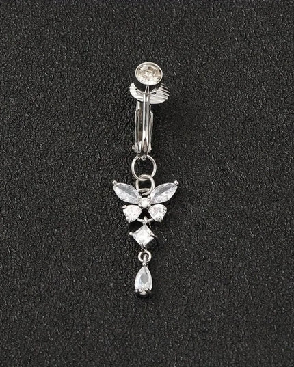 Butterfly Design Clip On Belly Button Zircon Stainless Steel Fake Belly Ring Non Piercing Faux Belly Piercing Fashion Accessory