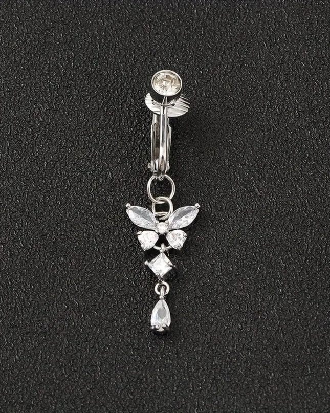 Butterfly Design Clip On Belly Button Zircon Stainless Steel Fake Belly Ring Non Piercing Faux Belly Piercing Fashion Accessory