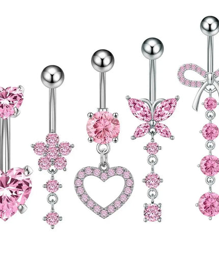 Stainless Steel Bow Belly Button Piercing Heart Shape Copper Belly Button Ring Pink Zircon Navel Piercing Jewelry Body Jewelry