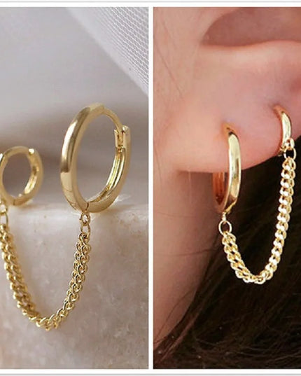 1PCS 925 Sterling Silver Two Hole Piercing Earrings for Women Brilliant Crystal Zircon 2 Metal Color Chain Earring Party Jewelry