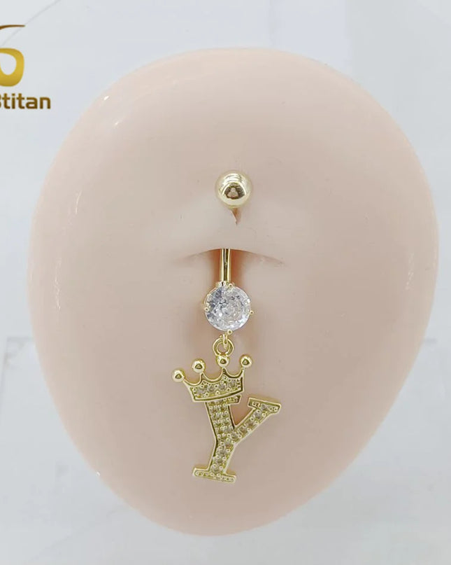 A-Z 26 Letter Initial Belly Button Rings 14G Titanium Curved Barbell Golden Zircon Navel Piercing Body Jewelry Women Accessories