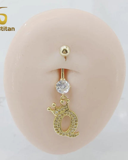 A-Z 26 Letter Initial Belly Button Rings 14G Titanium Curved Barbell Golden Zircon Navel Piercing Body Jewelry Women Accessories