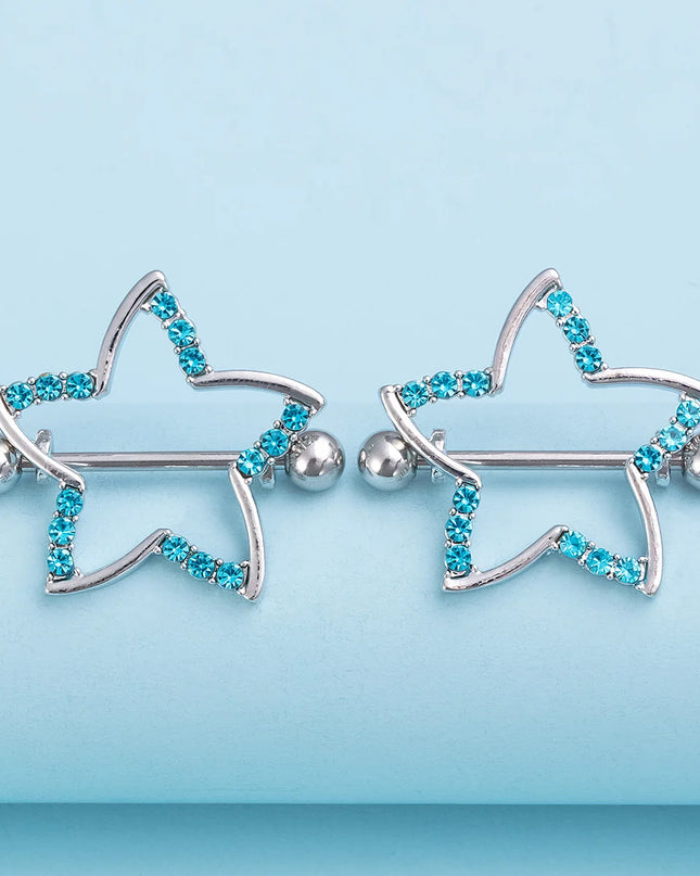 2pcs Nipple Ring Barbell Rhinestone Paved Star Shape Nipplerings Piercing Stainless Steel 14G Nipple Rings Shields Body Piercing