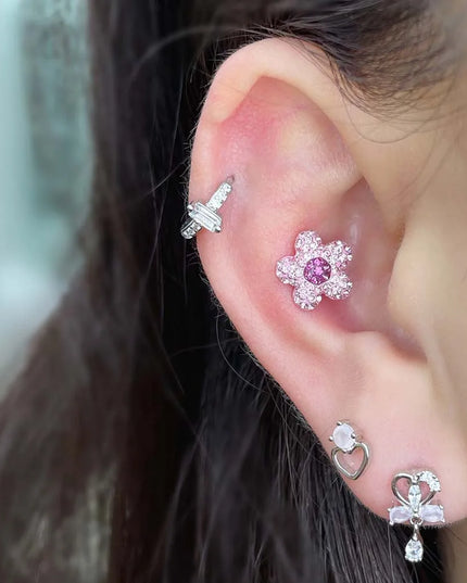1PC Crystal Flower Helix Piercing Earring Stainless Steel Ear Piercing Conch Flat Piercing Cartilage Ear Stud Body Piercing