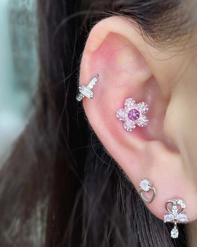 1PC Crystal Flower Helix Piercing Earring Stainless Steel Ear Piercing Conch Flat Piercing Cartilage Ear Stud Body Piercing