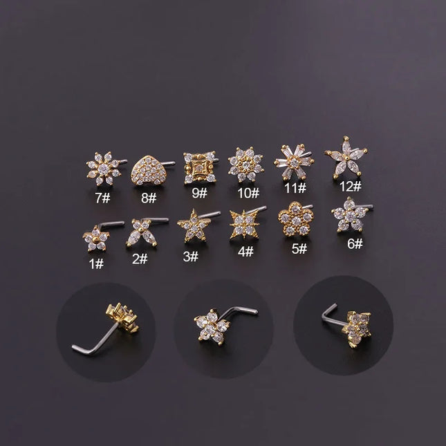 Gold/Silver Nose Rings Studs for Women, 20G Surgical Steel Hypoallergenic Nose Ring L Shaped Hypoallergenic CZ Piercing Jewelry