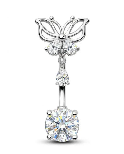 1 Pcs Stainless Steel Belly Button Rings With Shiny Butterfly Flower Dangle For Daily Wear Beach Party Piercing Jewelry Gift