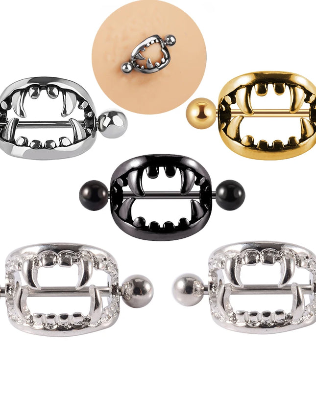 1/2PCS Punk Teeth Nipple Rings Shield Cover Barbell Nipple Piercings for Women Sexy Teeth Body Piercing Jewelry