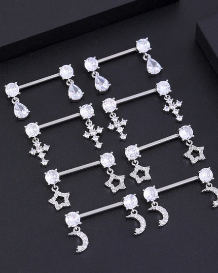 2pcs Cute Bear Butterfly Dangle Nipple Piercings Stainless Steel Cross Star Hanging Nipple Shield Barbell for Women Nipple Rings