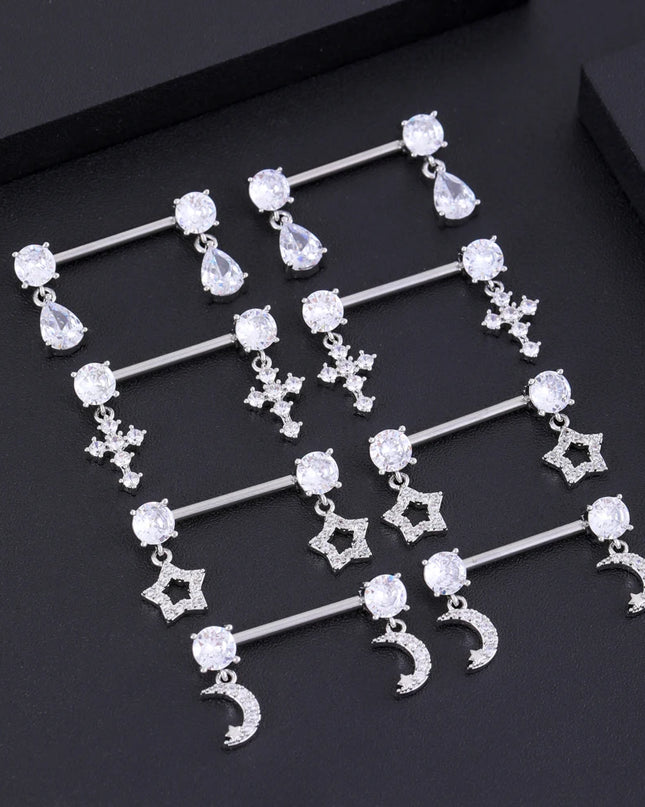 2pcs Cute Bear Butterfly Dangle Nipple Piercings Stainless Steel Cross Star Hanging Nipple Shield Barbell for Women Nipple Rings
